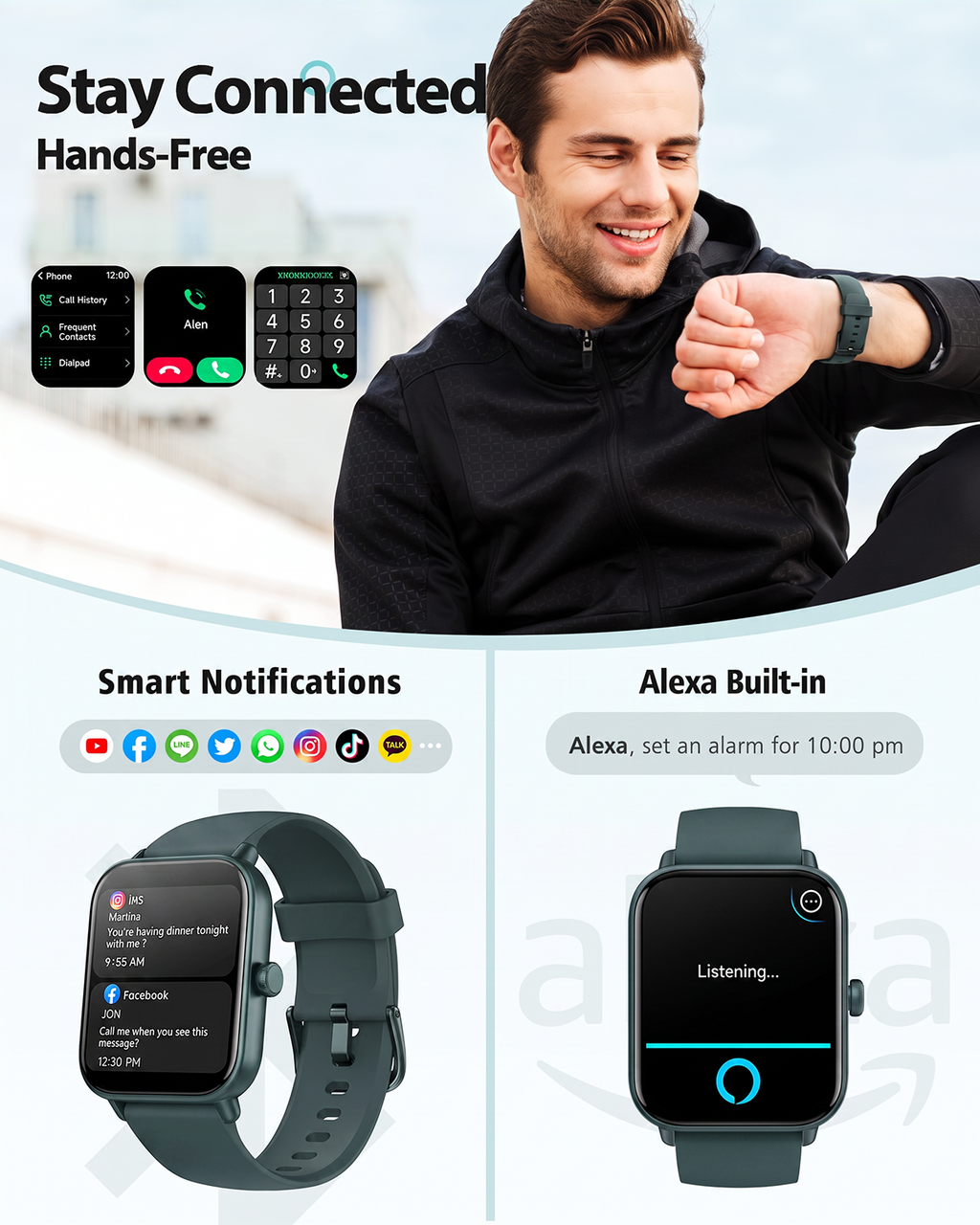 ACHOICE 1.85"HD Smart Watch for Men Women, Fits for Android and iPhone, 120+ Sports Mode Fitness Tracker, Smartwatch with Bluetooth Call/Answer, Alexa Built-in, IP68 Waterproof, for Gift Deep Green