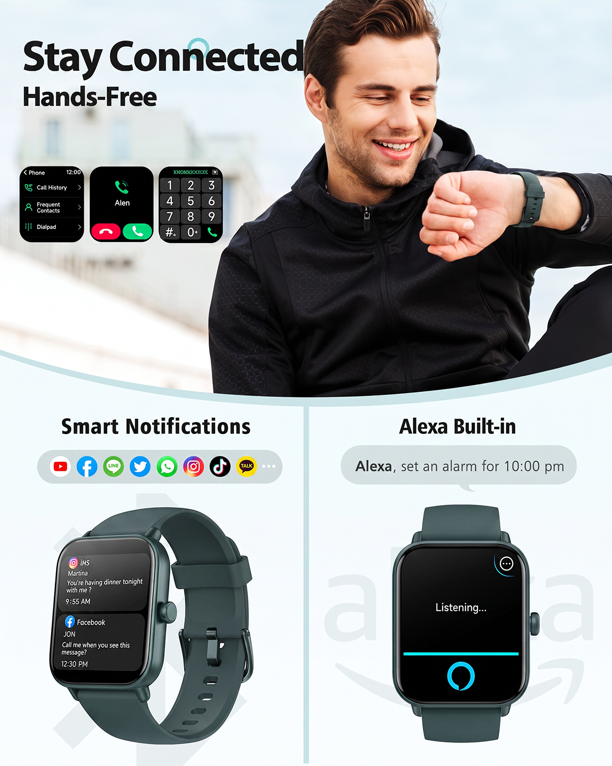 ACHOICE 1.85" Smart Watch for Men Women, Fits for Android and iPhone, Fitness Tracker, Smartwatch with Alexa Built-in, 100+ Sport Modes, Bluetooth Calls/Answer, IP68 Waterproof, for Gift Deep Green