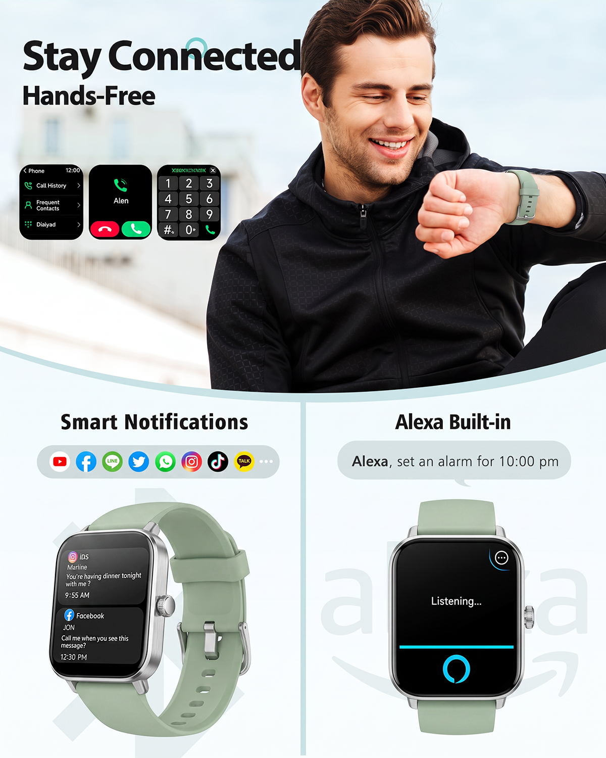 ACHOICE 1.85"HD Smart Watch for Women Men, Fits for Android and iPhone, 120+ Sports Mode Fitness Tracker, Smartwatch with Bluetooth Call/Answer, Alexa Built-in, IP68 Waterproof, for Gift Green