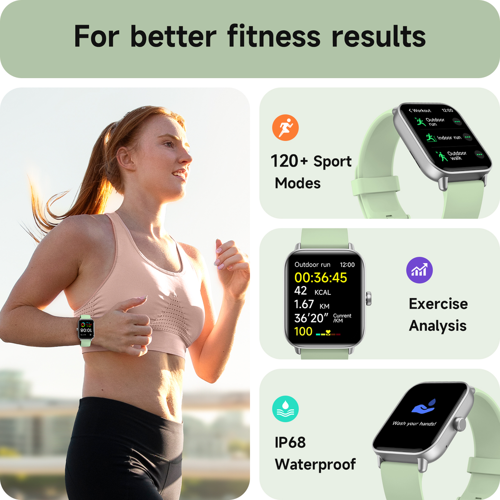 ACHOICE 1.85"HD Smart Watch for Women Men, Fits for Android and iPhone, 120+ Sports Mode Fitness Tracker, Smartwatch with Bluetooth Call/Answer, Alexa Built-in, IP68 Waterproof, for Gift Green